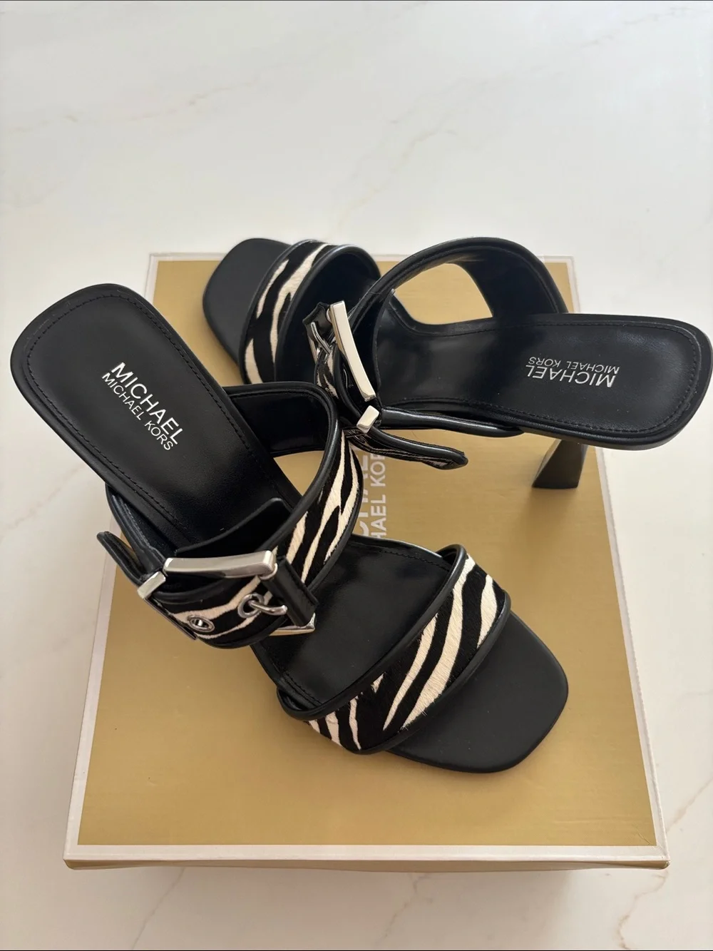Michael Kors Black and White Colby Heeled Sandal Zebra-Print Buckle Heels